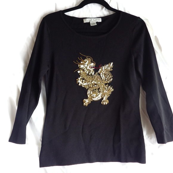 Lucia Burns Black Sweater Embellished Dragon Sequins Size M - Picture 4 of 5